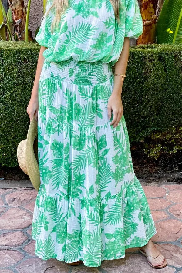 Smocked Maxi Skirt Gauze -Green Palm
