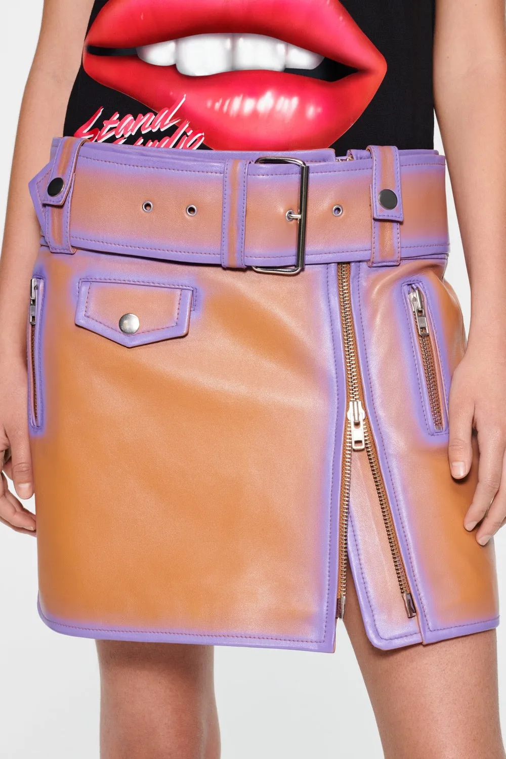Stand Studio - Biker Skirt: Tan/Neon Violet