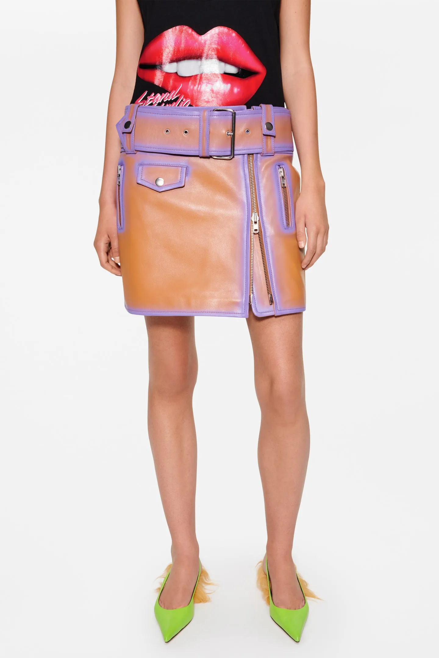 Stand Studio - Biker Skirt: Tan/Neon Violet
