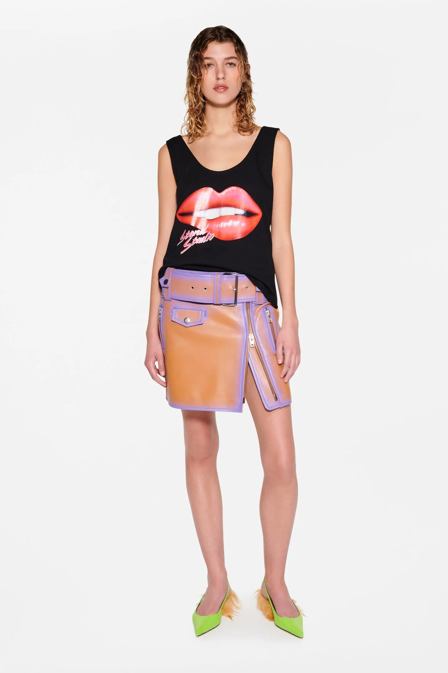 Stand Studio - Biker Skirt: Tan/Neon Violet