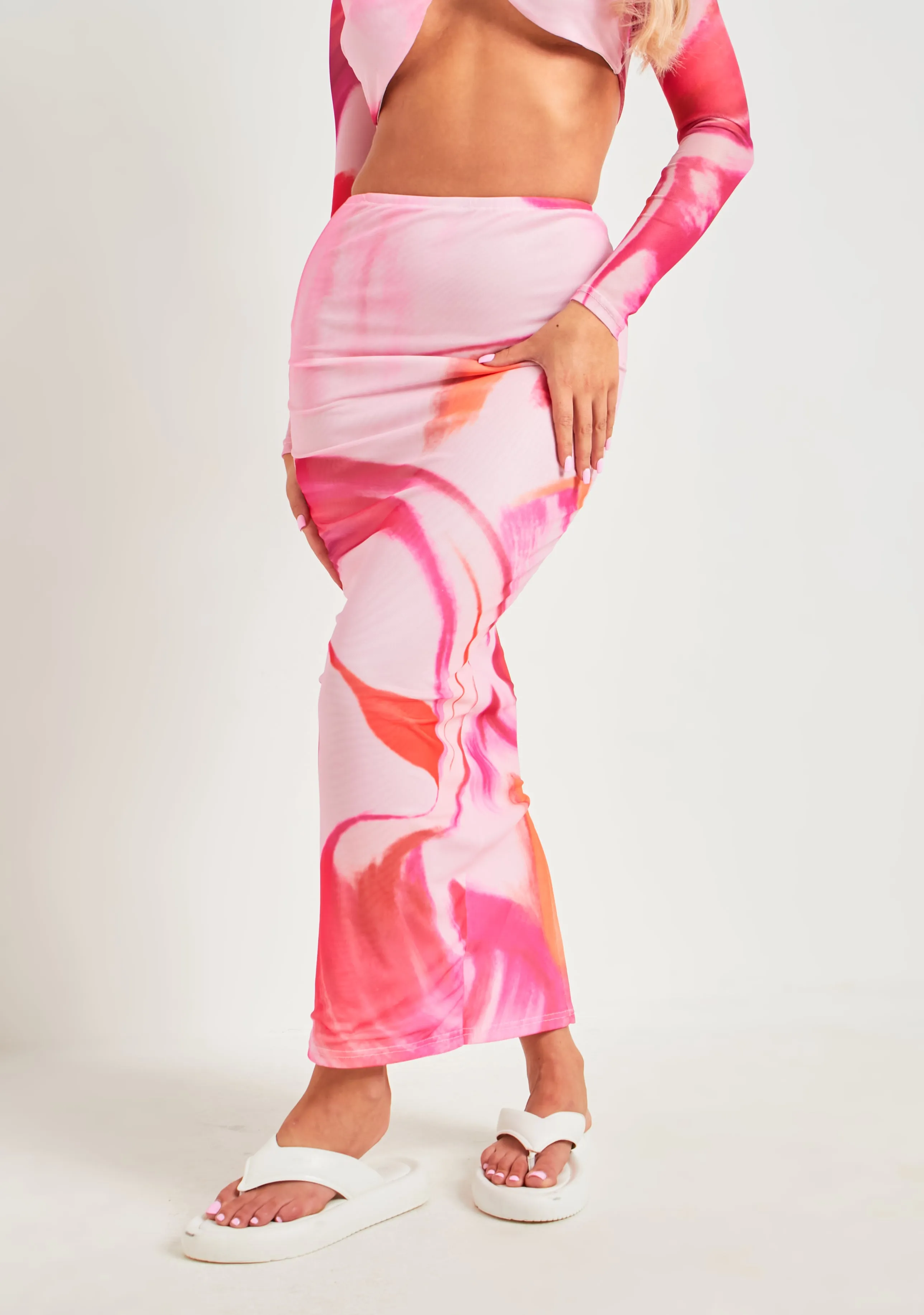 Tianna Pink Printed Mesh Maxi Skirt