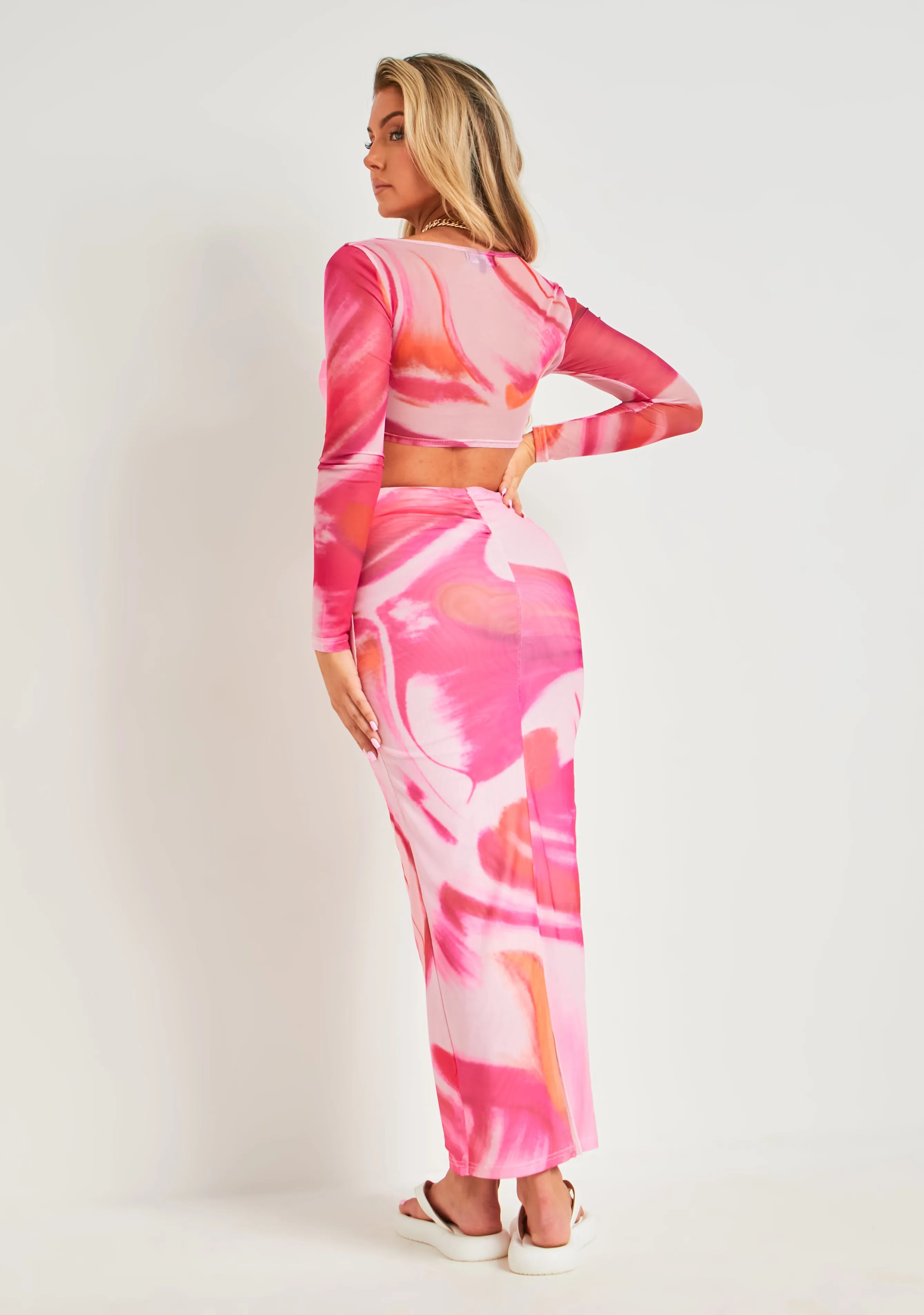 Tianna Pink Printed Mesh Maxi Skirt