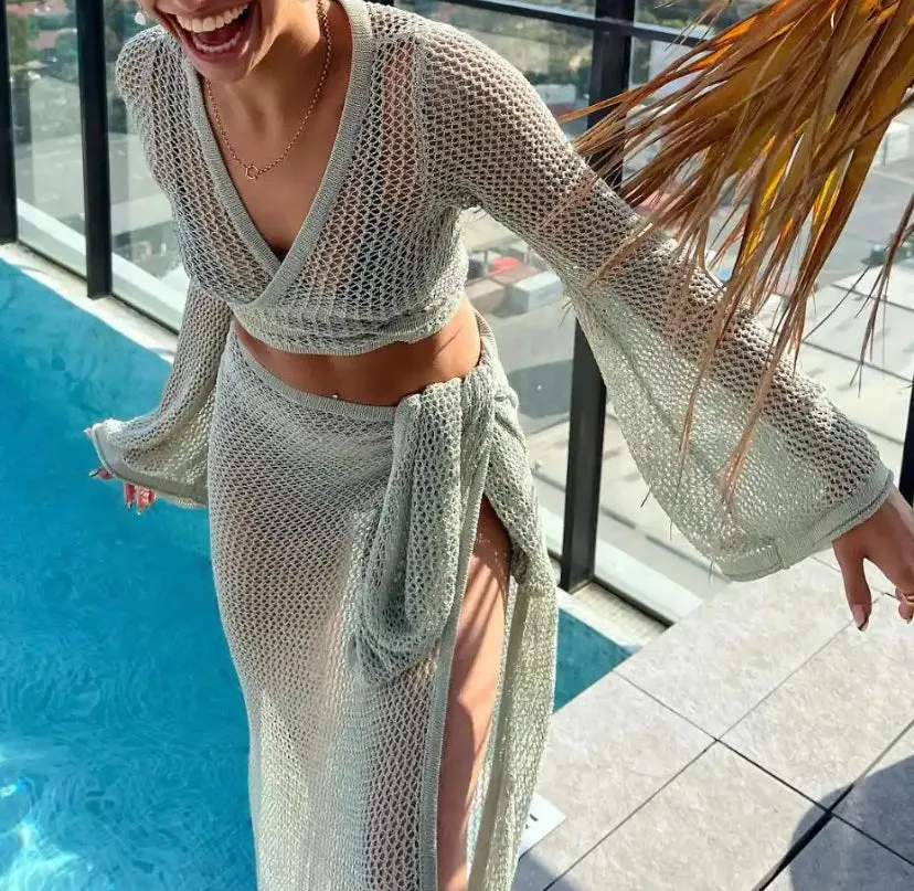 Tie Up Crochet Beach Cover Up Co-ord