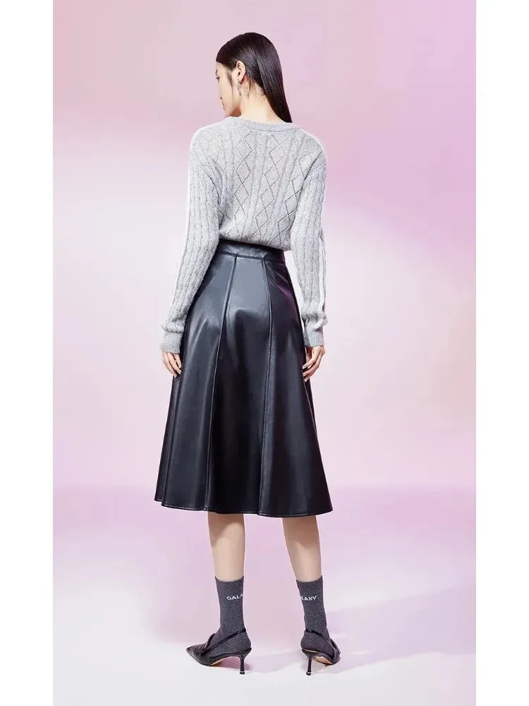 Trend4us Women's Vintage High-Waisted Pleated Faux Leather Skirt
