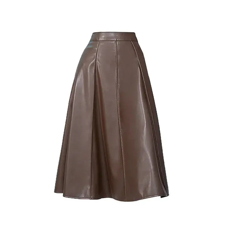Trend4us Women's Vintage High-Waisted Pleated Faux Leather Skirt