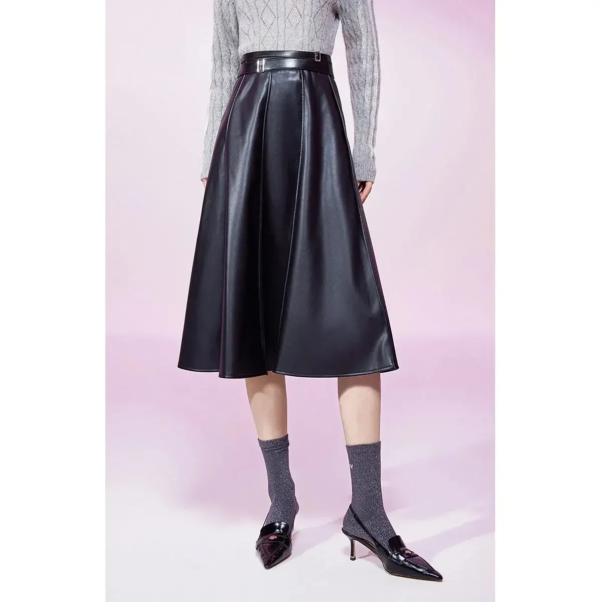 Trend4us Women's Vintage High-Waisted Pleated Faux Leather Skirt