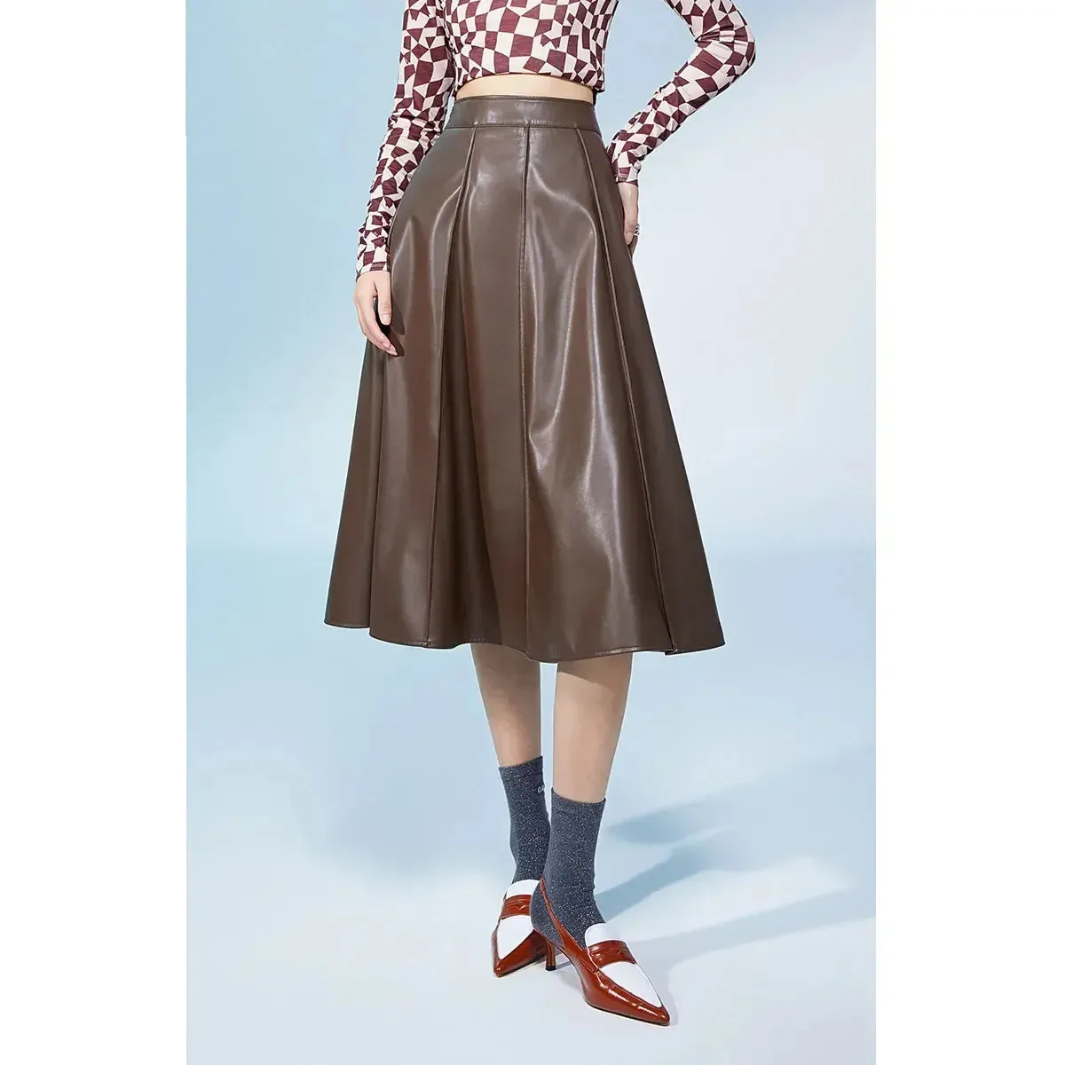 Trend4us Women's Vintage High-Waisted Pleated Faux Leather Skirt