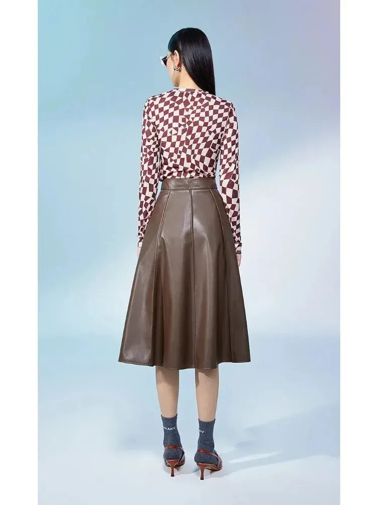 Trend4us Women's Vintage High-Waisted Pleated Faux Leather Skirt