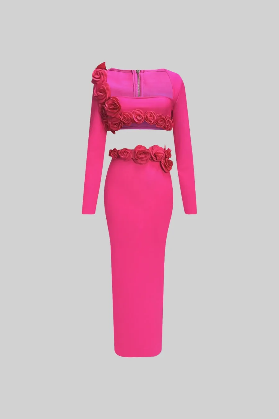 Two Piece Flower Detail Top and Maxi Skirt - Fuchsia