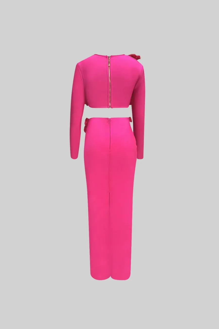 Two Piece Flower Detail Top and Maxi Skirt - Fuchsia