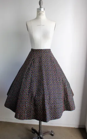 Vintage 1950s Black Quilted Circle Skirt /  Novelty Print