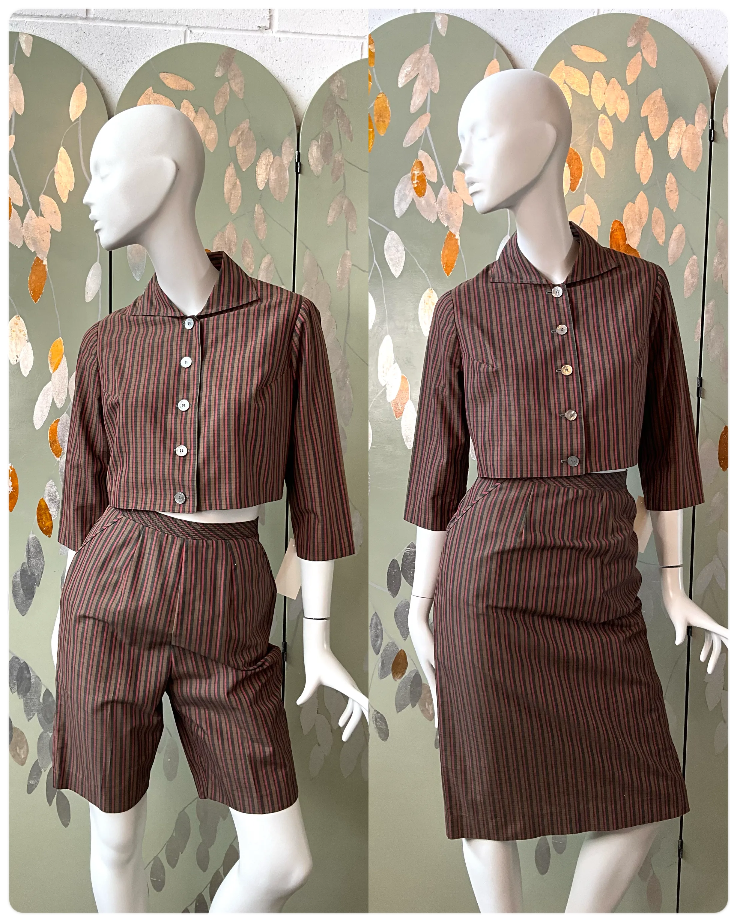 Vintage 1960s Koret 3-PC Green Red Stripe Cotton Set, XS