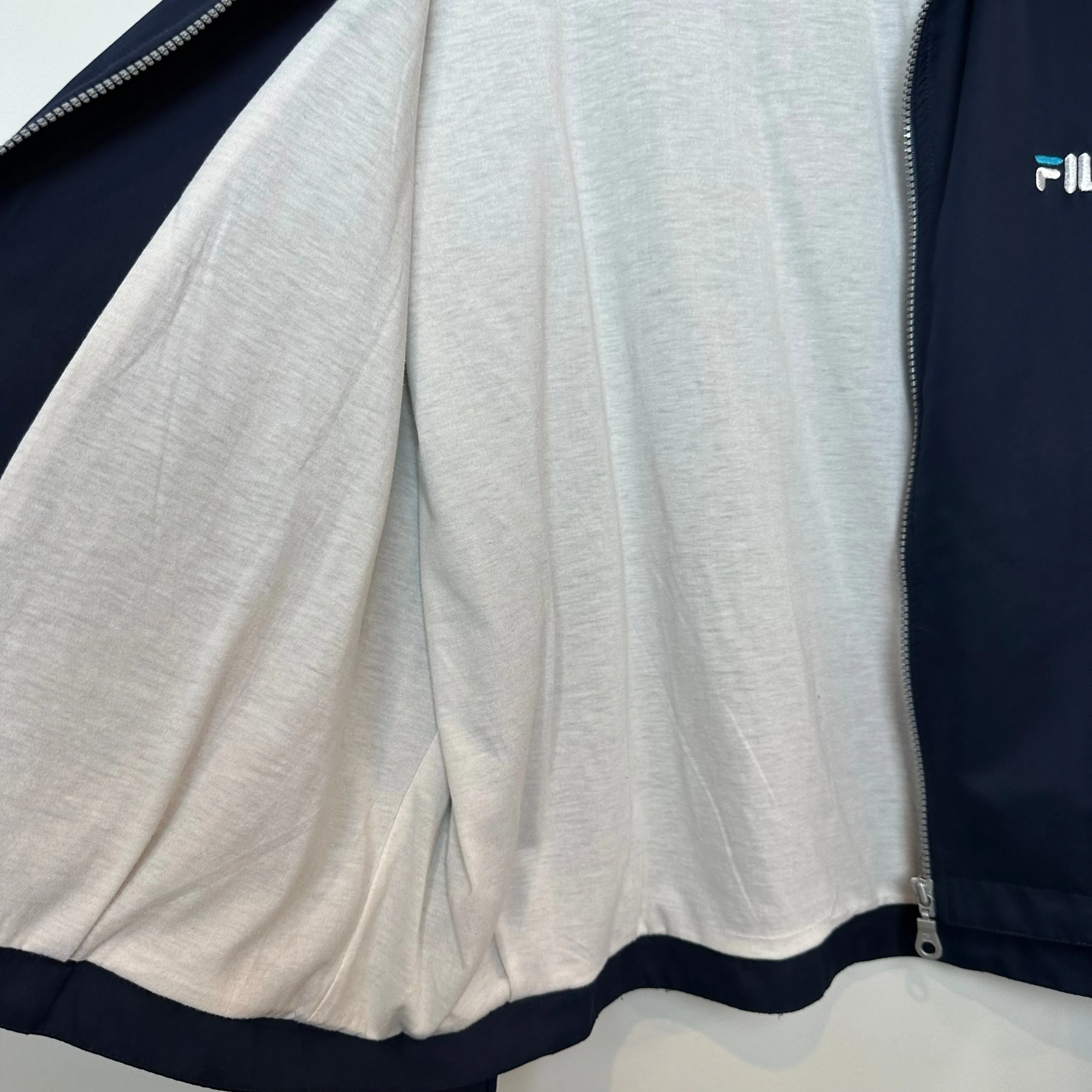 Vintage 90s Fila Jacket Zip Up Wind Breaker Cropped Boxy Navy Blue Collared XL