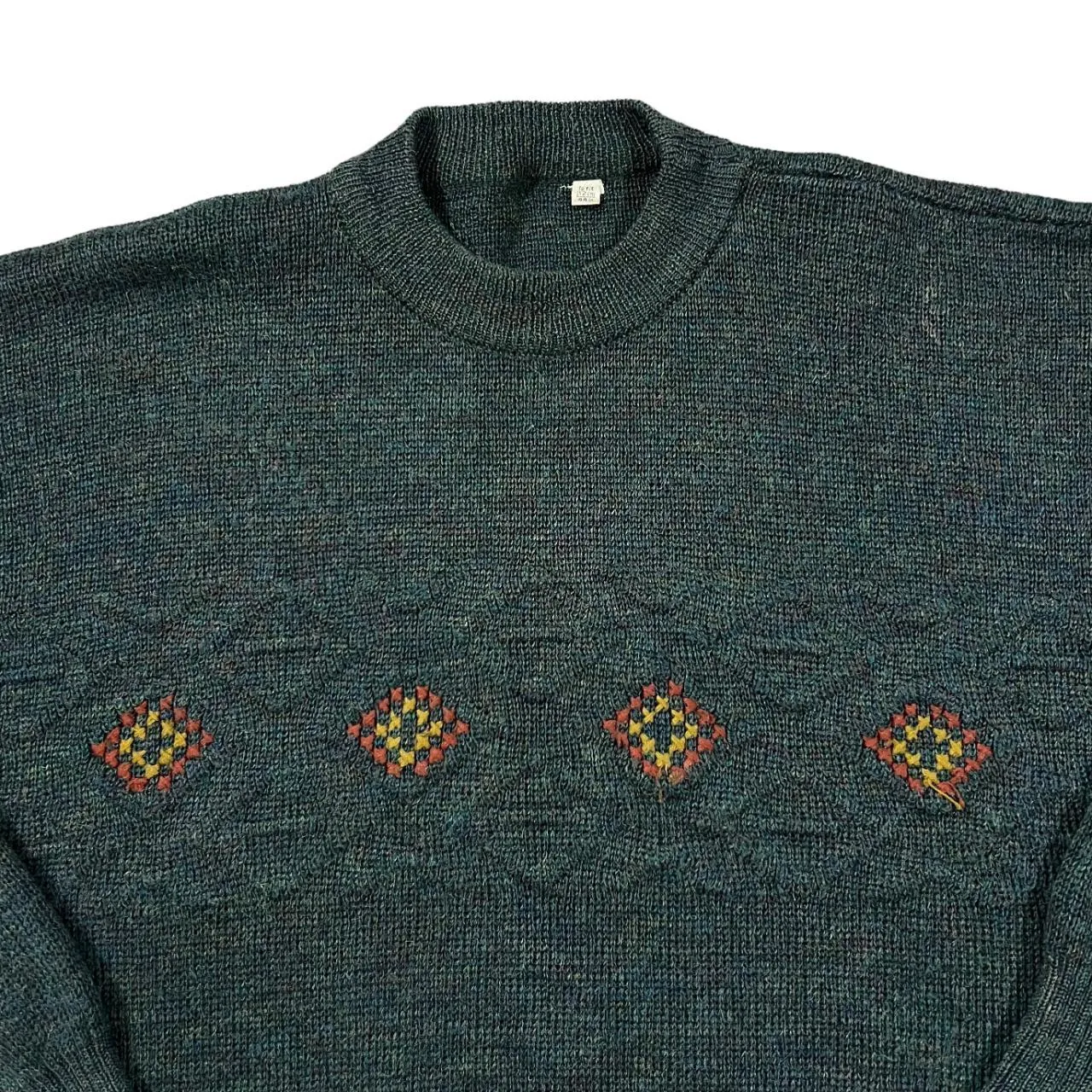 Vintage 90's Grandad Patterned Dark Green Knit Crewneck Sweater Jumper