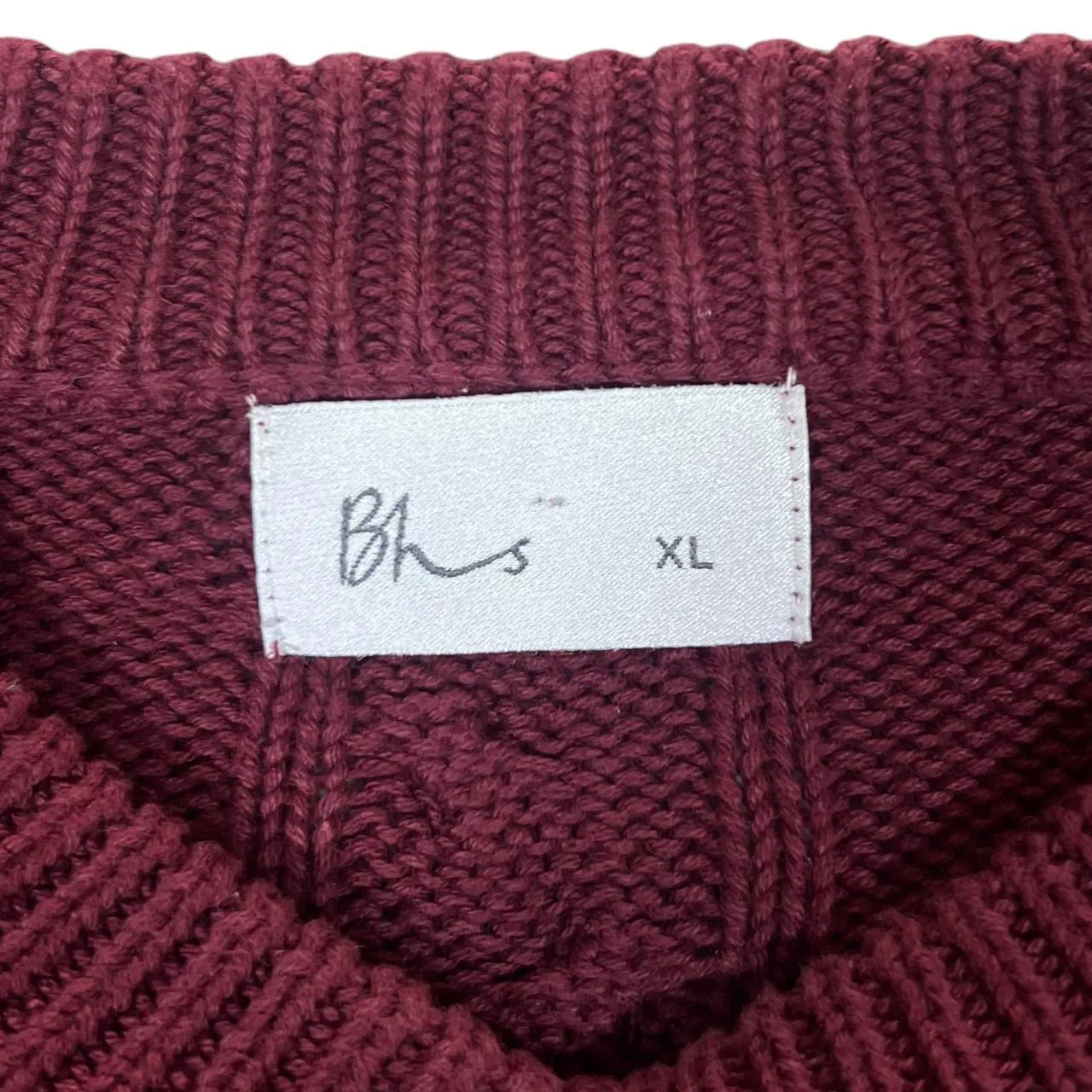 Vintage BHS Classic Burgundy Cable Knit Cotton Crewneck Sweater Jumper