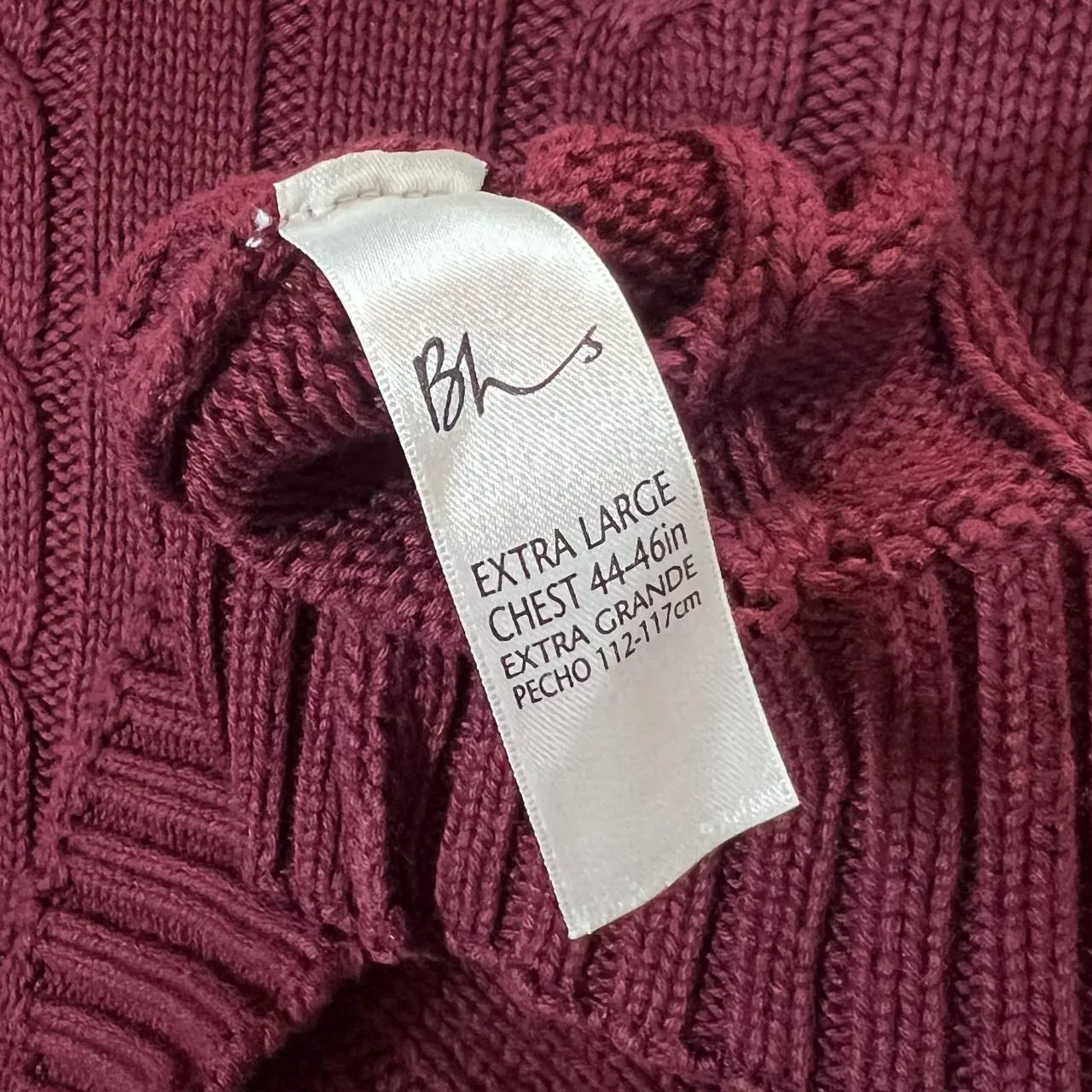 Vintage BHS Classic Burgundy Cable Knit Cotton Crewneck Sweater Jumper