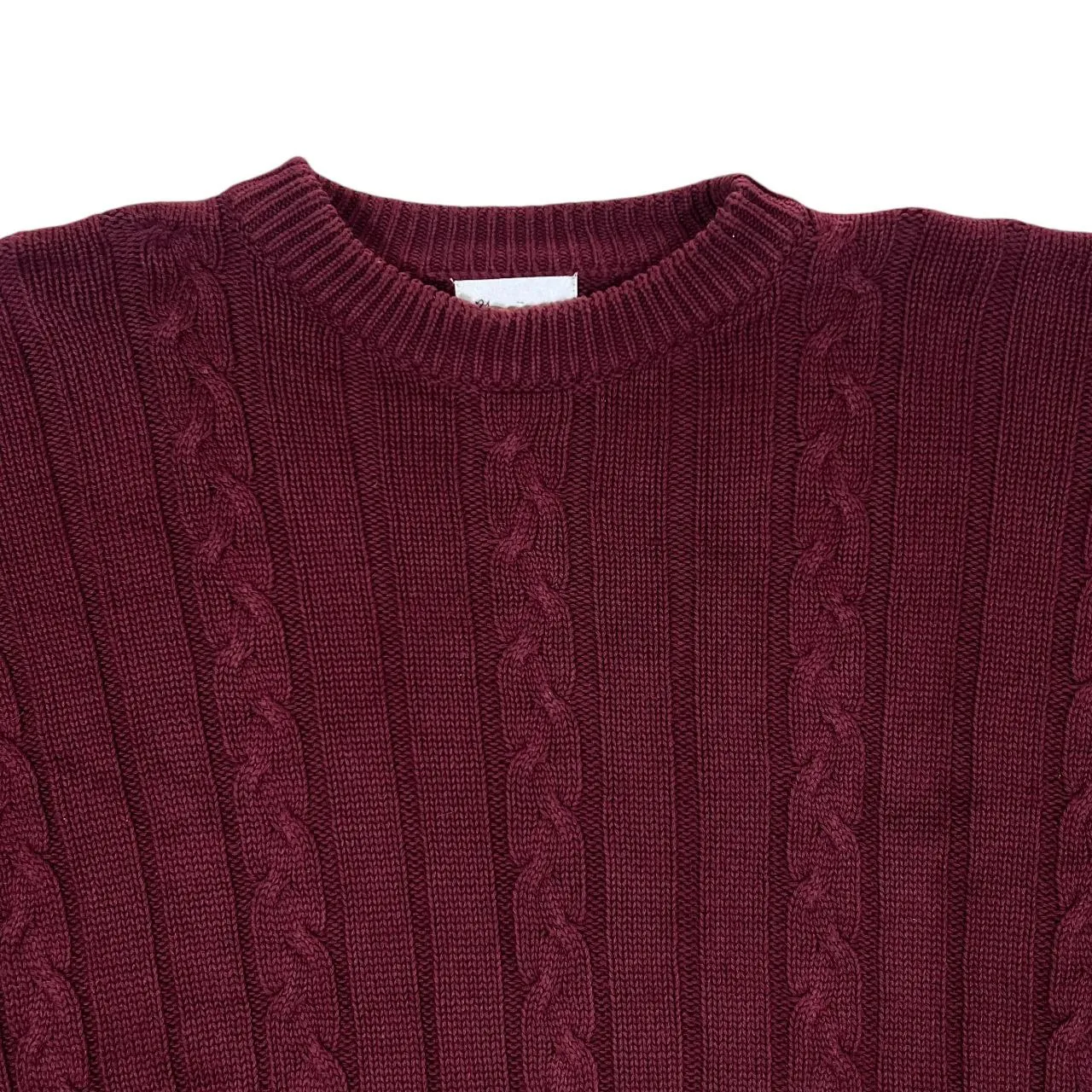 Vintage BHS Classic Burgundy Cable Knit Cotton Crewneck Sweater Jumper