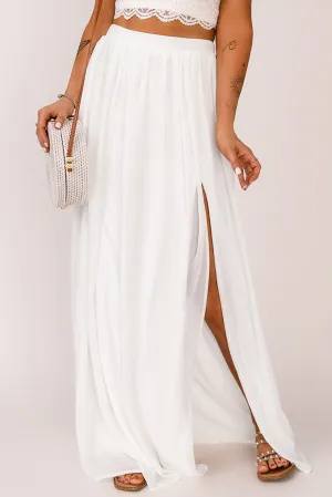 White Boho Elastic Waist Maxi Skirt