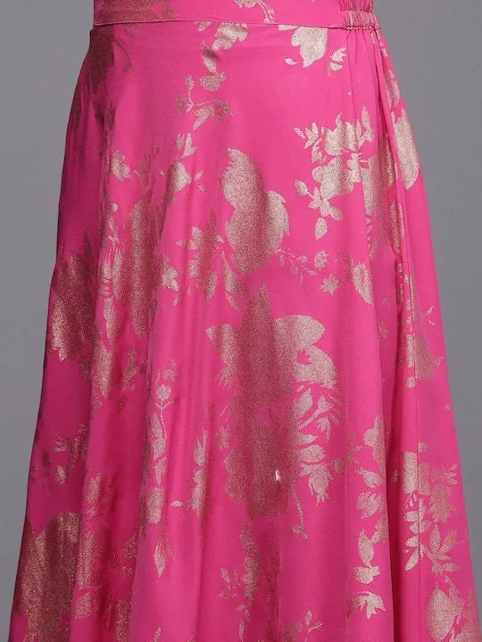 Women Elegant Pink Printed Top with Skirt And Jacket | Lehenga Choli