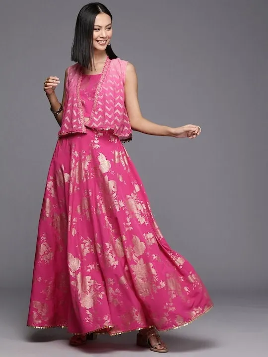 Women Elegant Pink Printed Top with Skirt And Jacket | Lehenga Choli