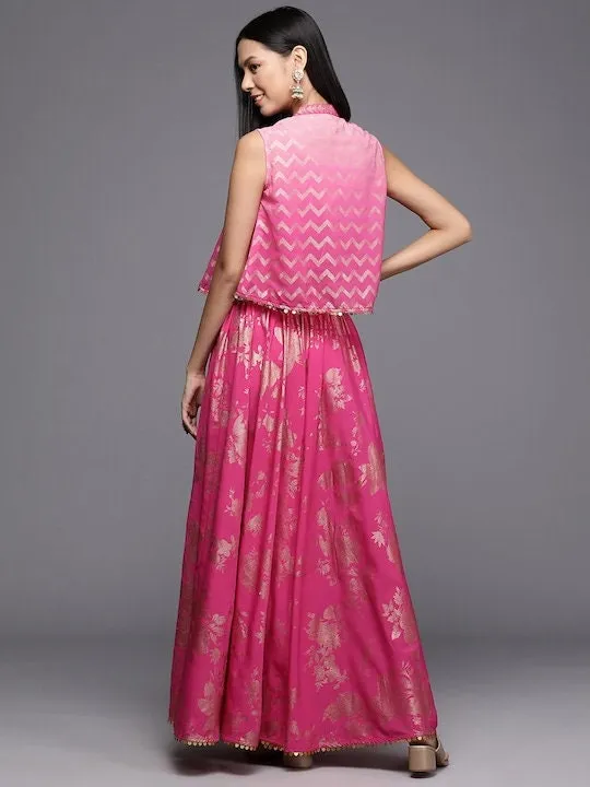 Women Elegant Pink Printed Top with Skirt And Jacket | Lehenga Choli