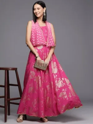 Women Elegant Pink Printed Top with Skirt And Jacket | Lehenga Choli