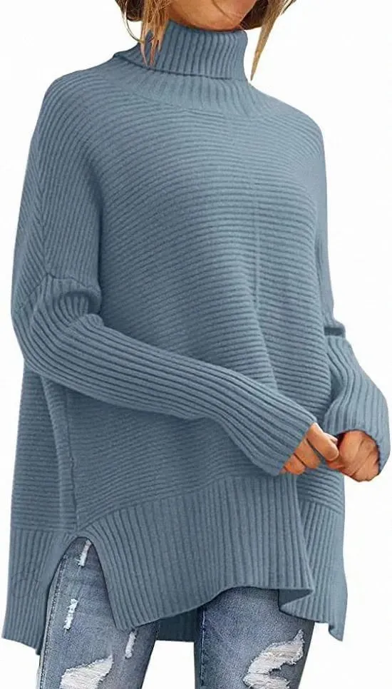 Women's Modern Blue Slit Turtleneck Knit Jumper with Batwing Sleeves | Ideal for Autumn/Winter