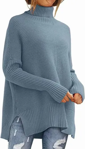 Women's Modern Blue Slit Turtleneck Knit Jumper with Batwing Sleeves | Ideal for Autumn/Winter