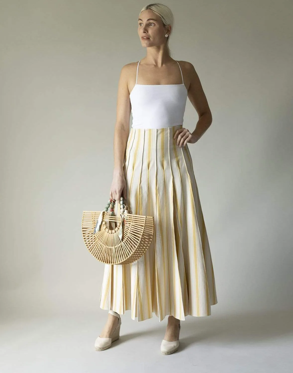 Yellow and White Million Pleats Maxi Skirt