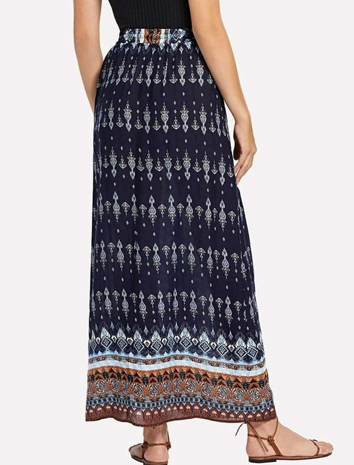 Zeagoo Women's 2024 Boho Floral Skirt Casual Elastic High Waist Maxi Skirts Flowy A Line Beach Long Skirt with Side Pockets
