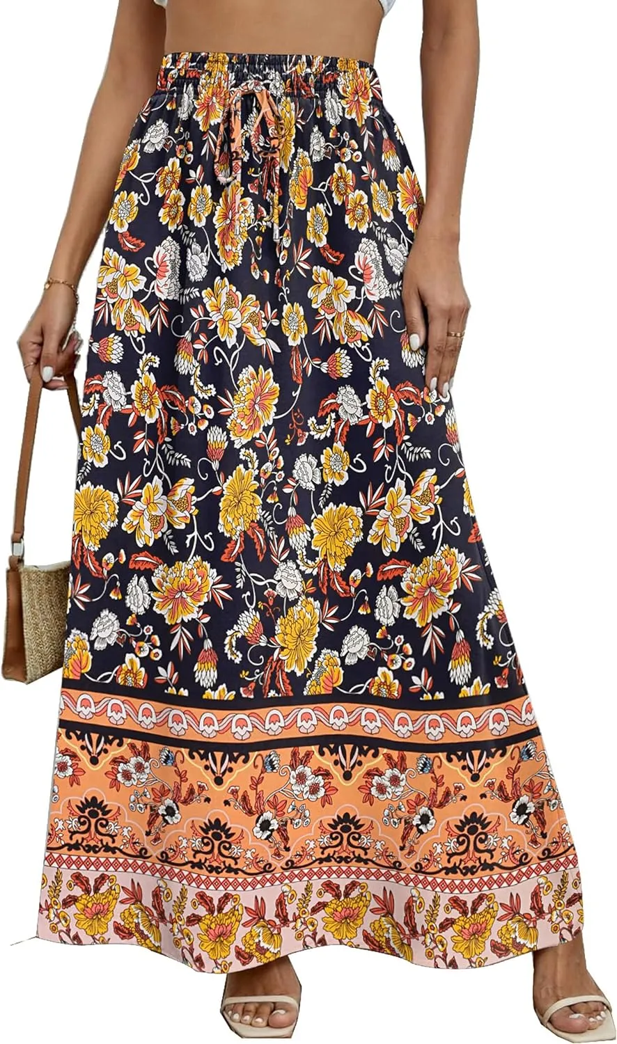 Zeagoo Women's 2024 Boho Floral Skirt Casual Elastic High Waist Maxi Skirts Flowy A Line Beach Long Skirt with Side Pockets