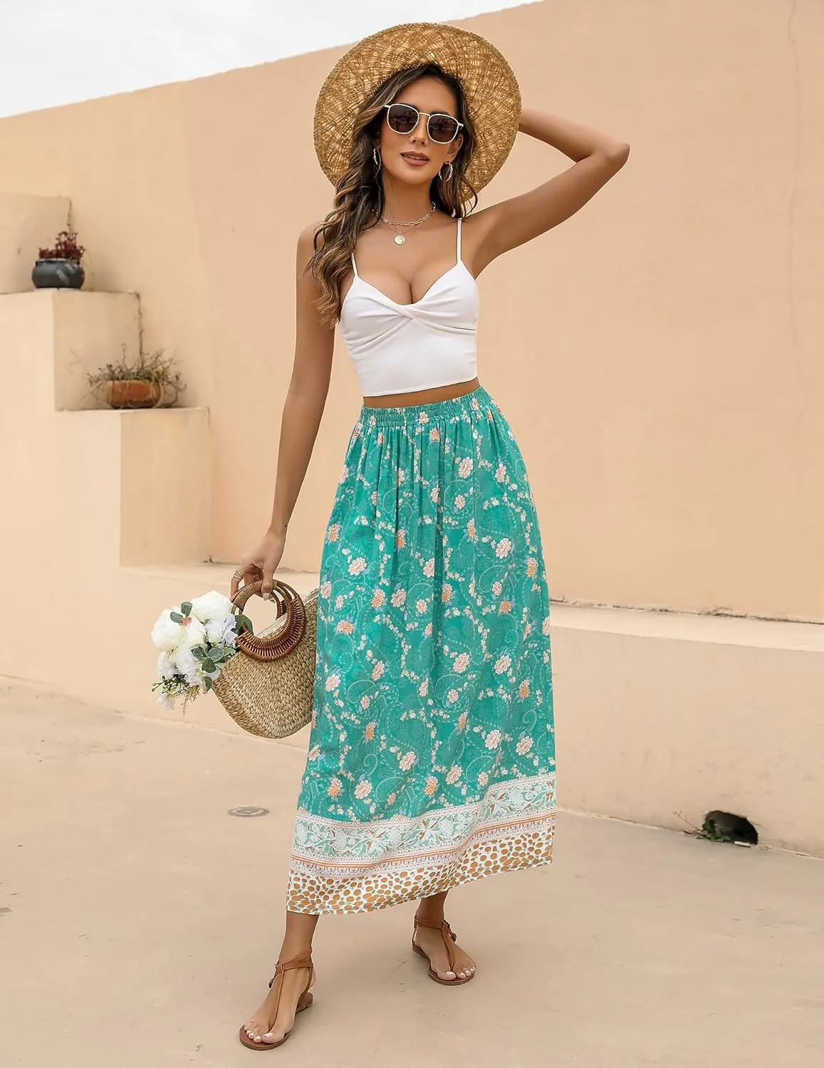 Zeagoo Women's 2024 Boho Floral Skirt Casual Elastic High Waist Maxi Skirts Flowy A Line Beach Long Skirt with Side Pockets
